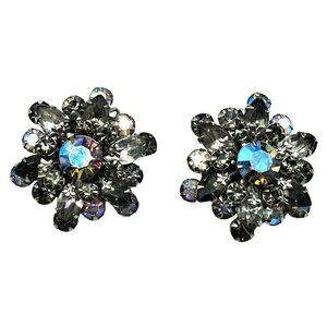 Vintage Rhinestone Earrings Fleur de Lis Aurora Borealis Gray Clear Clip Ons Cos